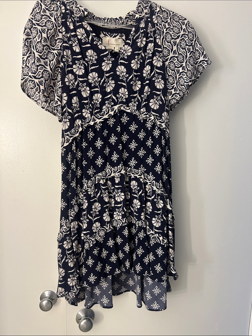 Anthropologie Navy and White Mixed-Print Tiered Casual Dress